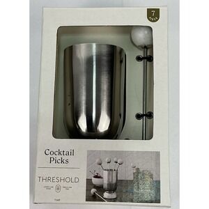 Threshold Cocktail Picks Set 7 Pc Stainless Steel Holder Bar Tool New